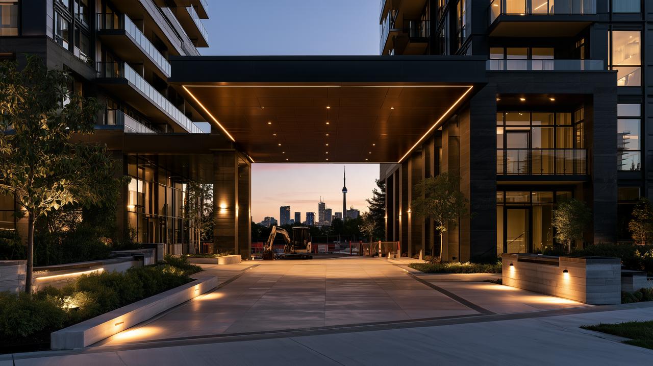 Completed residential property entrance with Toronto skyline